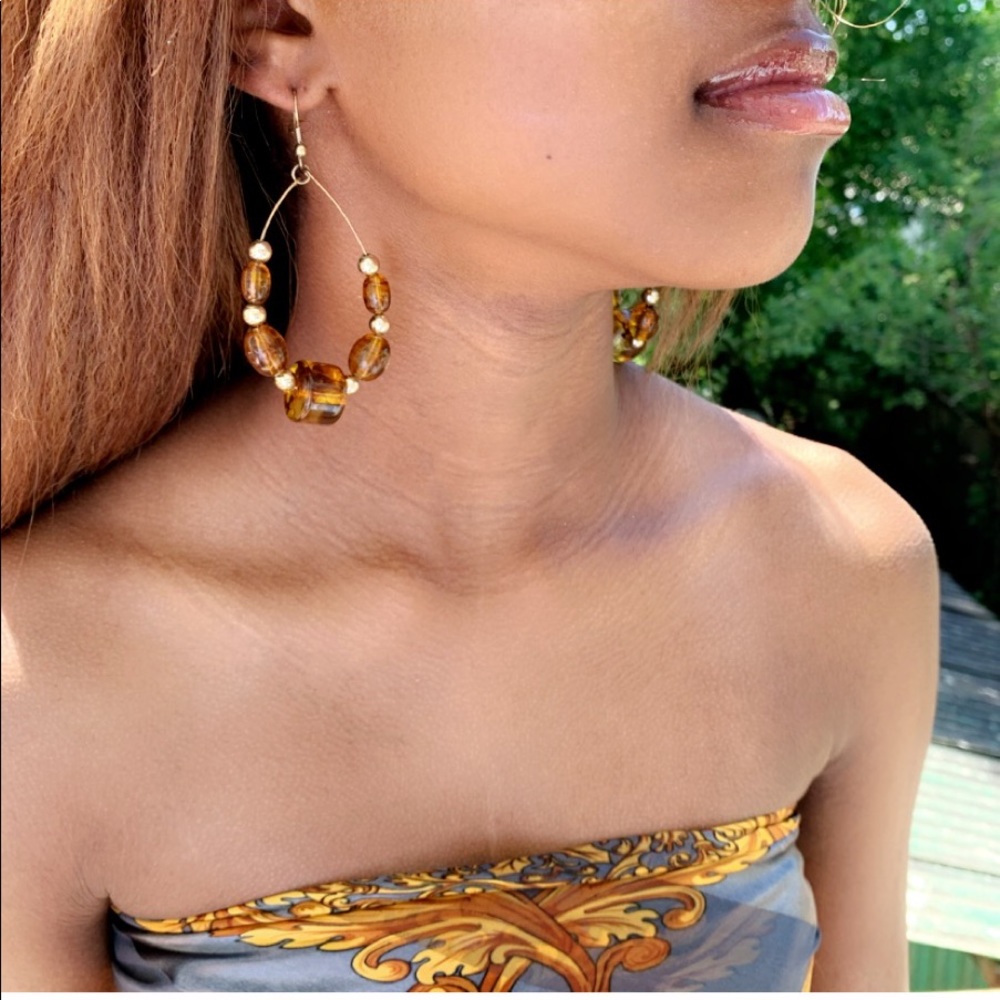 Brown Beaded Hoop Earrings